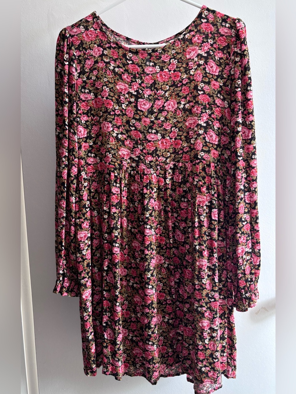 bp Floral Long-Sleeve Babydoll Dress - Pink on Black